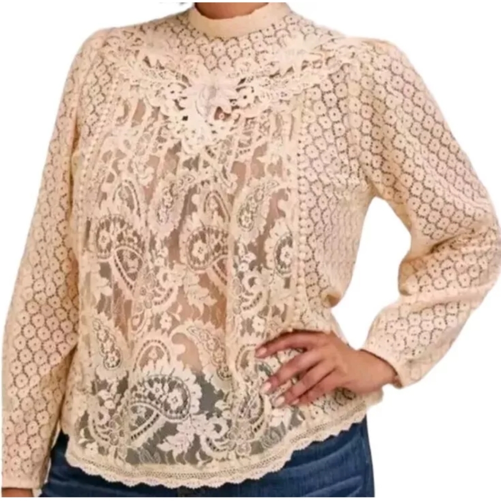 Torrid Blouse Woman Plus 6X Boho Feminine Crochet Lace High Neck Top Mininalist